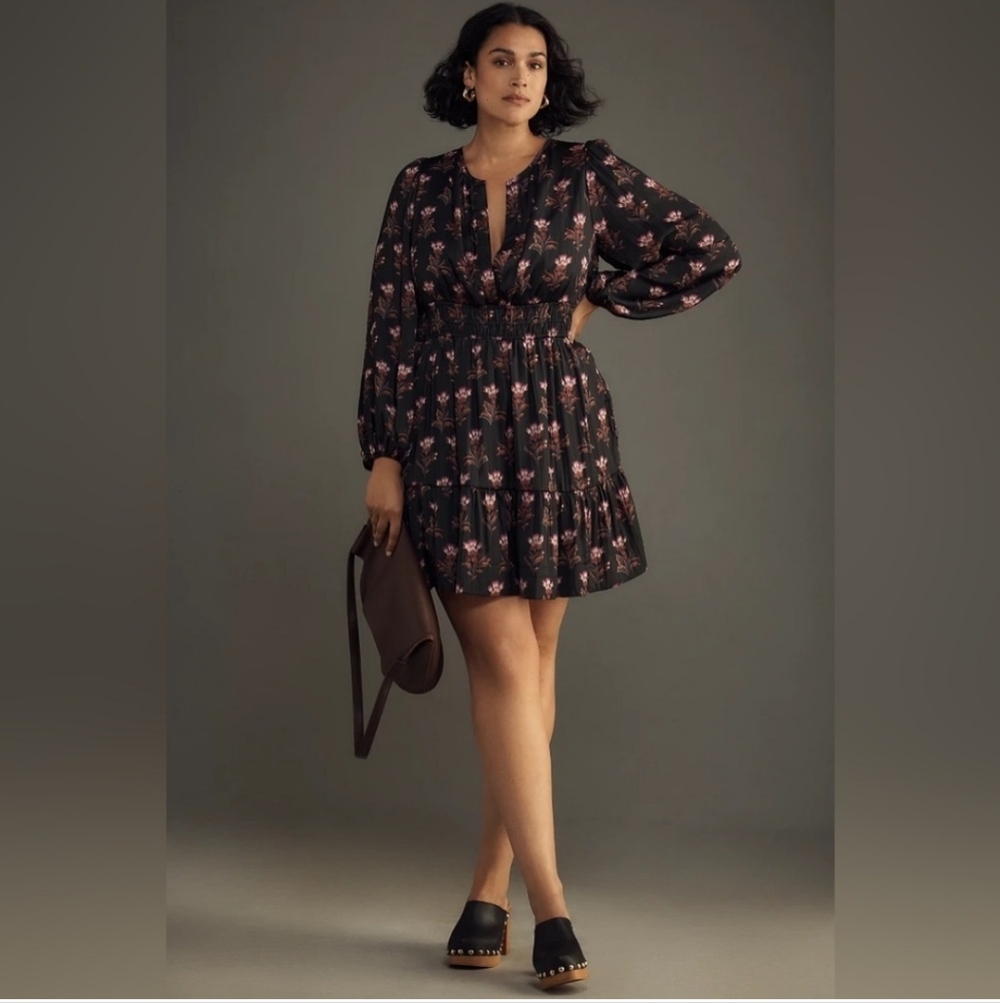 Anthropologie Long-Sleeve Black & Pink Floral Print Satin Somerset Mini Dress XL